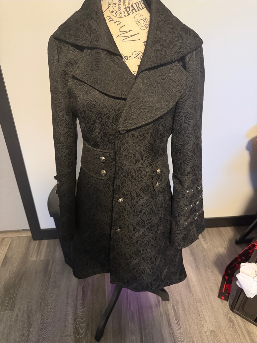 Women's Black Textured Trench Coat with Decorative Buttons